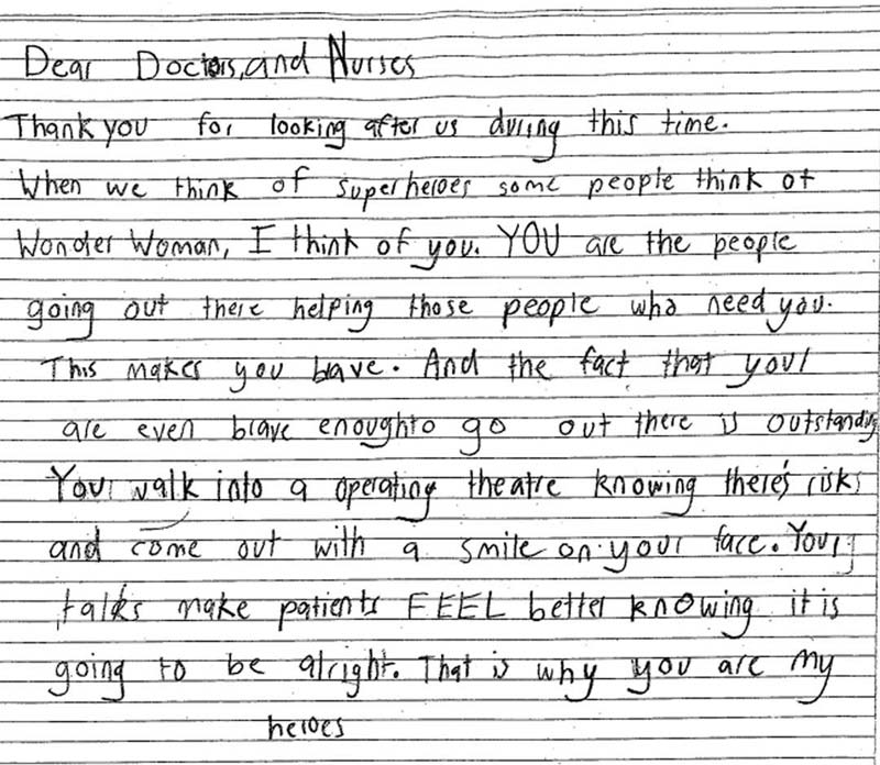 Letter from child to BCNC Doctors and Nurses writing to let them know that they think of them as hero's